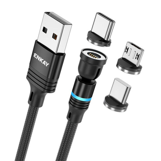 ENKAY HAT PRINCE 1m Rotation Magnetic Cable 3A USB to iP / Type-C / Micro USB Data Cord with LED Light - Black