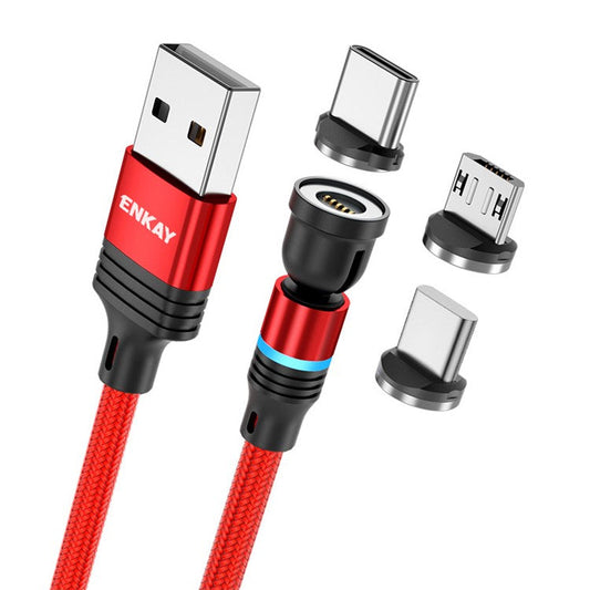 ENKAY HAT PRINCE 1m Rotation Magnetic Cable 3A USB to iP / Type-C / Micro USB Data Cord with LED Light - Red
