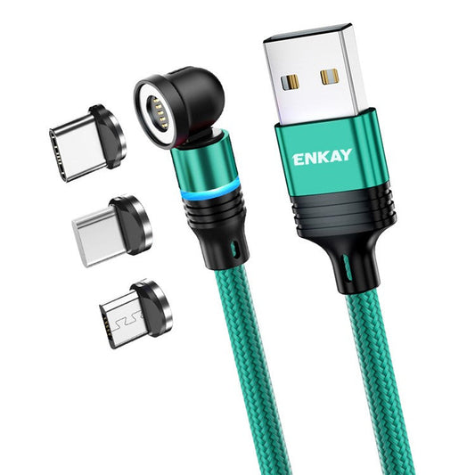 ENKAY HAT PRINCE 2m Magnetic Phone Charger Cable 3A USB to iP / Type-C / Micro USB Nylon Braided Data Cord with LED Light - Green