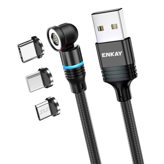 ENKAY HAT PRINCE 2m Magnetic Phone Charger Cable 3A USB to iP / Type-C / Micro USB Nylon Braided Data Cord with LED Light - Black