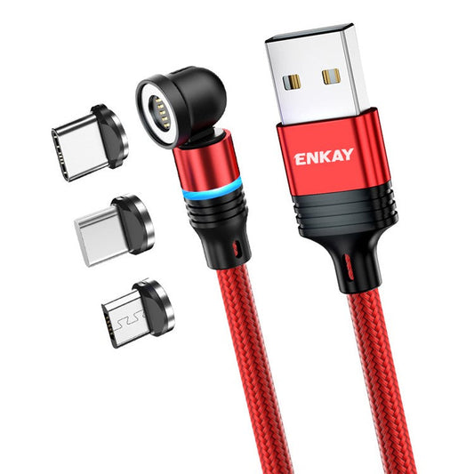 ENKAY HAT PRINCE 2m Magnetic Phone Charger Cable 3A USB to iP / Type-C / Micro USB Nylon Braided Data Cord with LED Light - Red