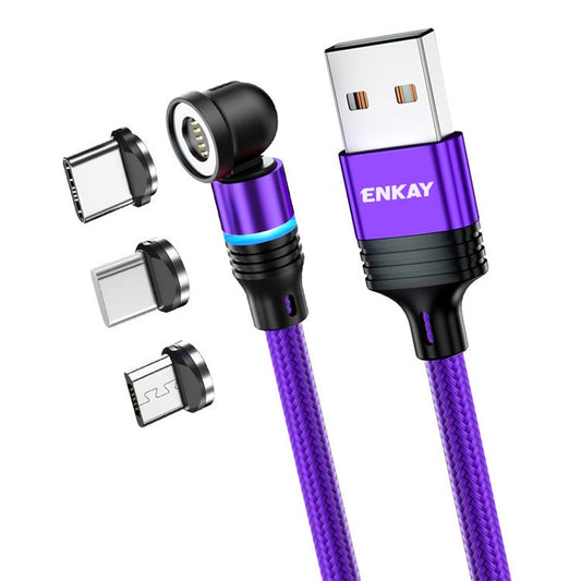 ENKAY HAT PRINCE 2m Magnetic Phone Charger Cable 3A USB to iP / Type-C / Micro USB Nylon Braided Data Cord with LED Light - Purple