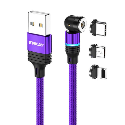 ENKAY HAT PRINCE 1m Magnetic Charger Cable 2.4A USB to iP / Type-C / Micro USB Nylon-Braided Cord  with LED Light - Purple