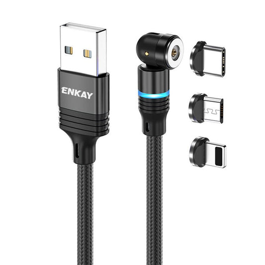ENKAY HAT PRINCE 1m Magnetic Charger Cable 2.4A USB to iP / Type-C / Micro USB Nylon-Braided Cord  with LED Light - Black