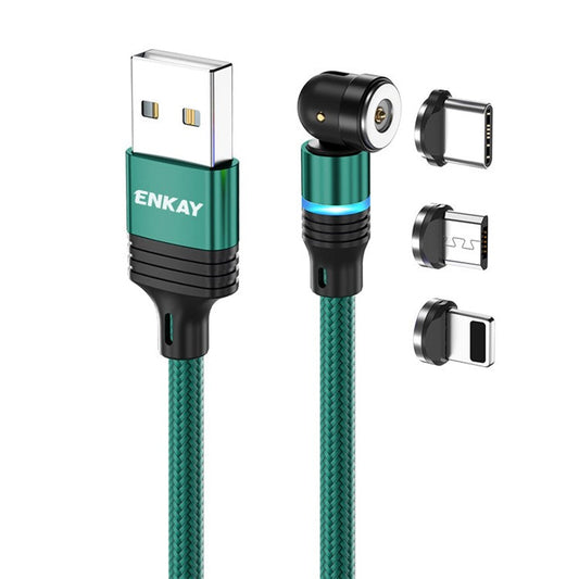 ENKAY HAT PRINCE 1m Magnetic Charger Cable 2.4A USB to iP / Type-C / Micro USB Nylon-Braided Cord  with LED Light - Green