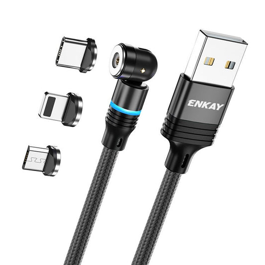 ENKAY HAT PRINCE 2m 2.4A Magnetic Charging Cable USB to iP / Type-C / Micro USB Nylon-Braided Phone Charger Cord with LED Light - Black