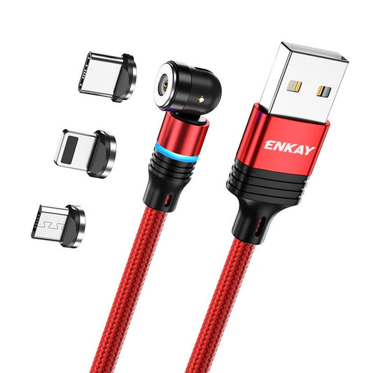 ENKAY HAT PRINCE 2m 2.4A Magnetic Charging Cable USB to iP / Type-C / Micro USB Nylon-Braided Phone Charger Cord with LED Light - Red