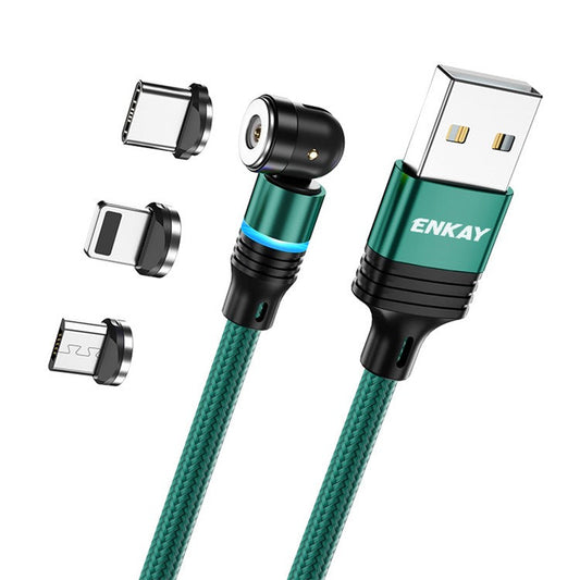 ENKAY HAT PRINCE 2m 2.4A Magnetic Charging Cable USB to iP / Type-C / Micro USB Nylon-Braided Phone Charger Cord with LED Light - Green