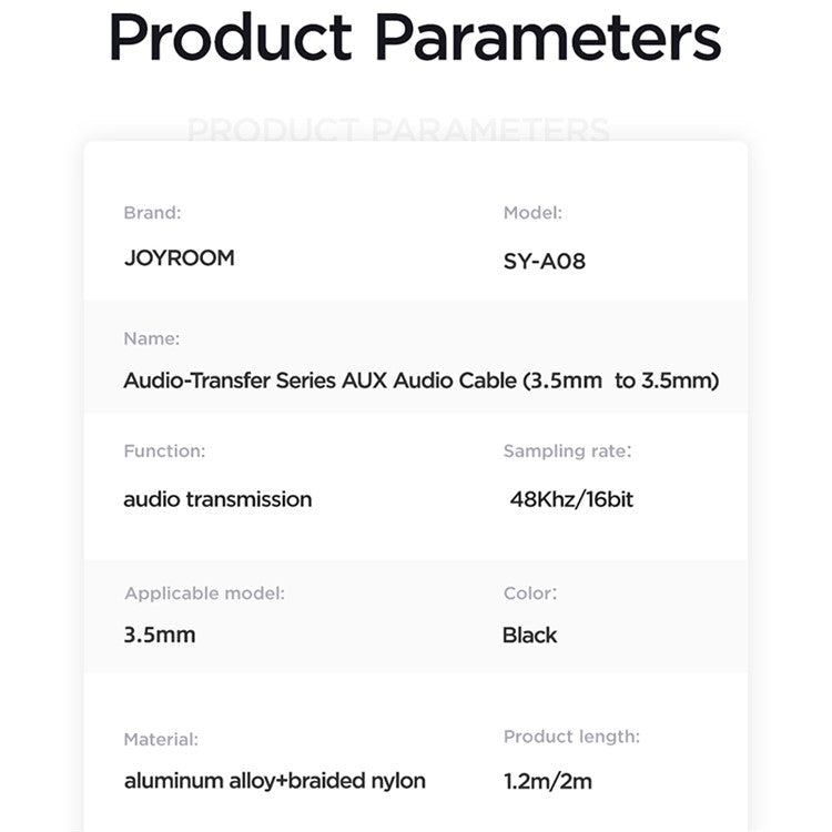 JOYROOM SY-A08 1.2m 3.5mm Male to Male Nylon Braided Cable Stereo Sound AUX Audio Cable - Black