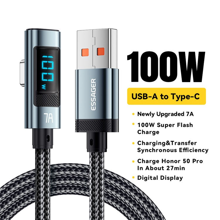 ESSAGER 1m Elbow 5A 100W High Power Charging Data Cable Digital Display USB-A to Type-C Charging Cable
