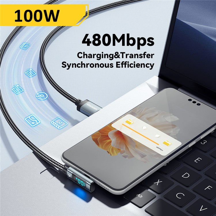 ESSAGER 1m Elbow 5A 100W High Power Charging Data Cable Digital Display USB-A to Type-C Charging Cable