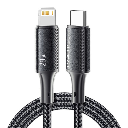 ESSAGER 1m C-L PD 29W Data Cable Type-C to Lightning Fast Charging Braided Cord - Black