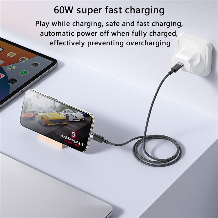 YESIDO CA160 PD 60W Auto Power Off Charging Cable USB-C to USB-C Braided Mobile Phone Data Cord