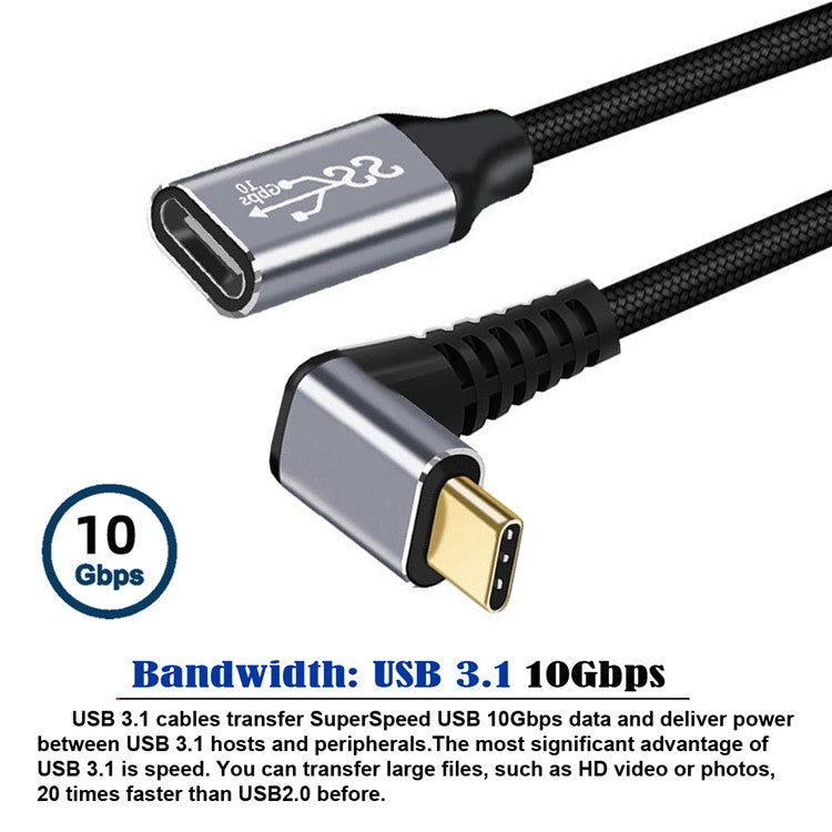 UC-058-UP-2.0M 2m 90-Degree Angled USB-C USB 3.1 Male to Female Extension Cord Aluminum Alloy Connector Data Cable