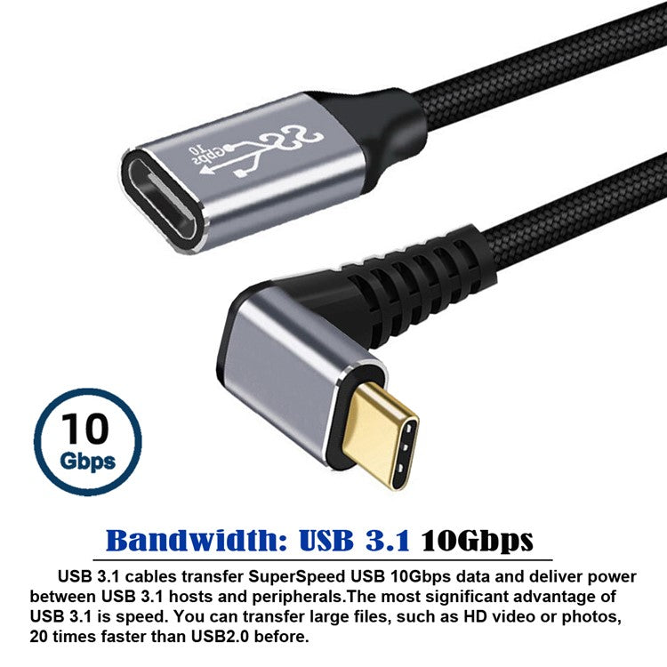 UC-058-UP-3.0M 3m 90-Degree Angled USB-C USB 3.1 Male to Female Cord Aluminum Alloy Connector Extension Cable
