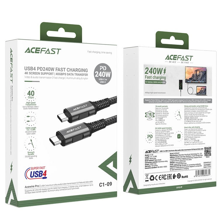 ACEFAST C1-09 1m PD 240W USB C to USB C Cable 40Gbps Data Transfer Cord with Audio / Video Support