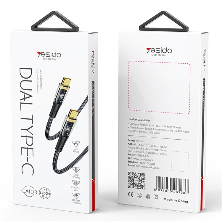 YESIDO CA103 PD 100W Fast Charging Cable 1.2m Gold Plated Connector Ty ...