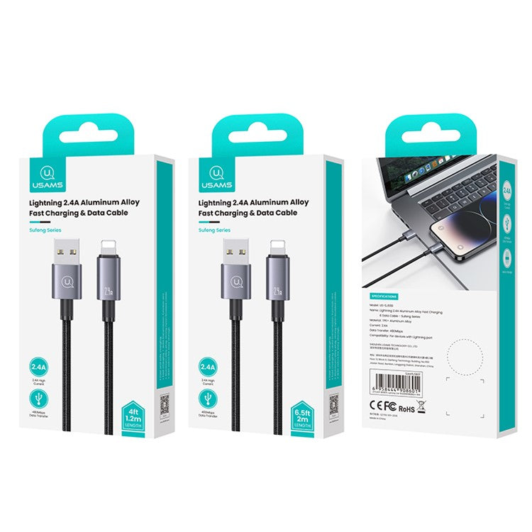 USAMS US-SJ669 Sufeng Series 2m 2.4A Fast Charging Cable USB-A to Lightning Phone Data Cord - Tarnish