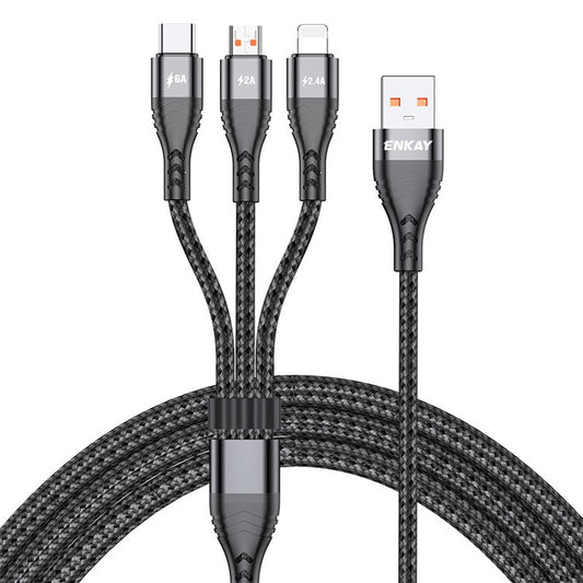 ENKAY 3 in 1 USB to iP  /  Type-C / Mcro USB Fast Charging Cord, Nylon Braided 1.2m 6A Cell Phone Cable - Black