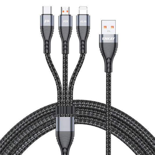 ENKAY 3 in 1 USB to iP  /  Type-C / Mcro USB Fast Charging Cord, Nylon Braided 1.2m 6A Cell Phone Cable - Grey
