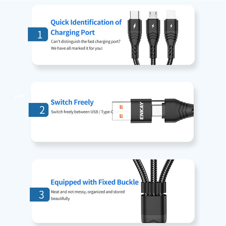 ENKAY Type-C / USB to iP / Type-C / Mcro USB Charging Cable, 2m 5A Fast Charging Data Cable - Grey