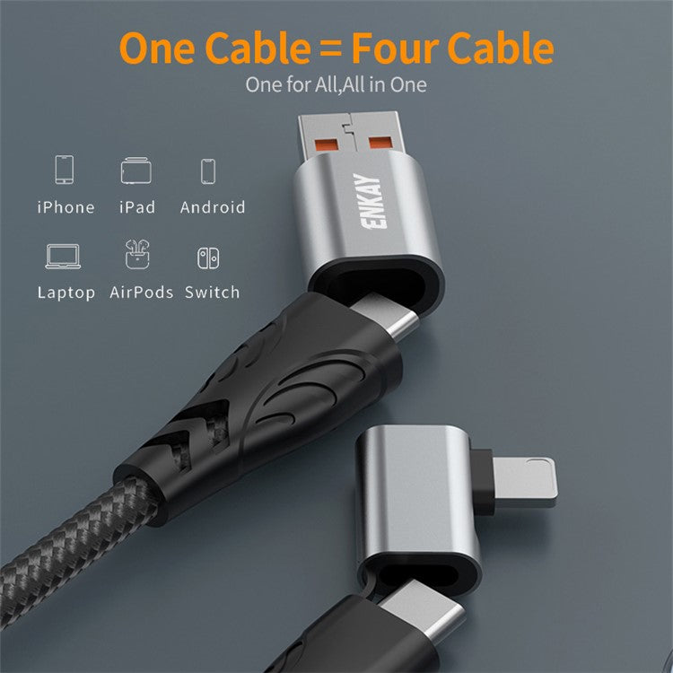 ENKAY 1m 4 in 1 USB / Type-C to iP / Type-C Nylon Charge Cable with E-Marker Chip PD 100W Fast Charging Cable