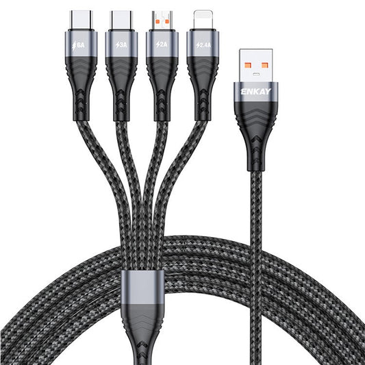 ENKAY HAT PRINCE 2m 6A 4-in-1 USB to 8Pin / Type-C / Micro USB Fast Charging Data Cable Nylon Braided Cord - Grey