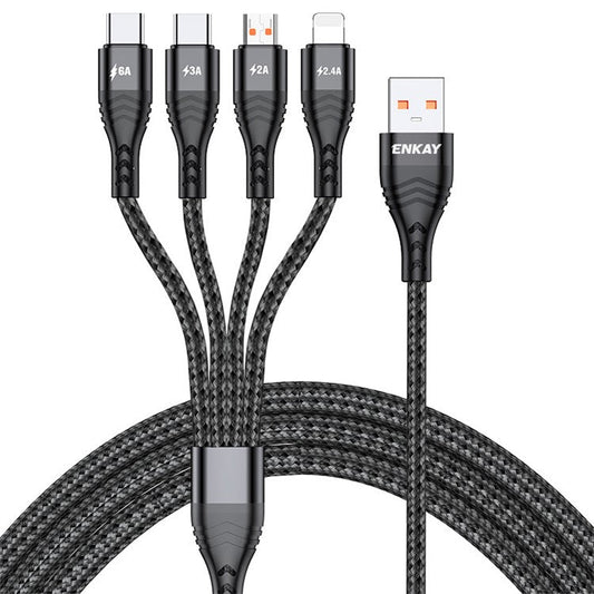 ENKAY HAT PRINCE 2m 6A 4-in-1 USB to 8Pin / Type-C / Micro USB Fast Charging Data Cable Nylon Braided Cord - Black