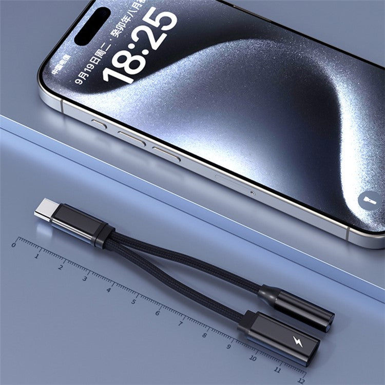 TIANSTON T31 For iPhone 15 Type-C Male to 3.5mm + Type-C Female Headphone Adapter Splitter Cable