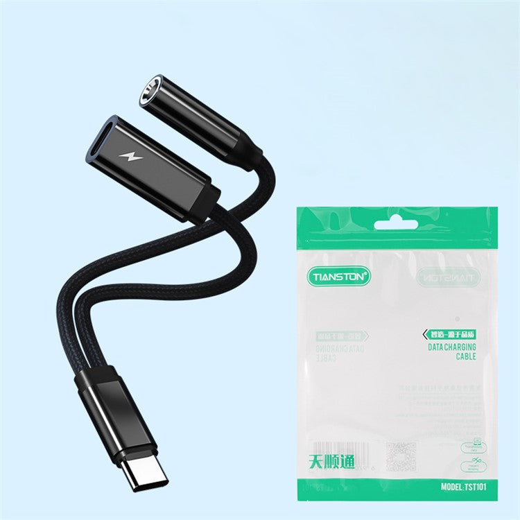 TIANSTON T31 For iPhone 15 Type-C Male to 3.5mm + Type-C Female Headphone Adapter Splitter Cable