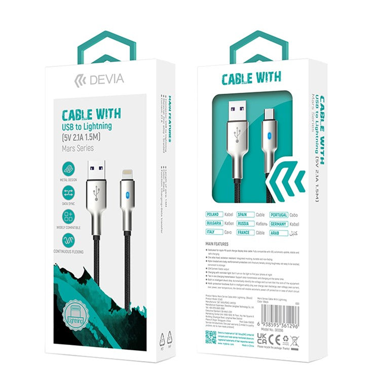 DEVIA Mars Series EC420 1.5m USB-A to Lightning 2.1A Phone Charging Cable Data Sync