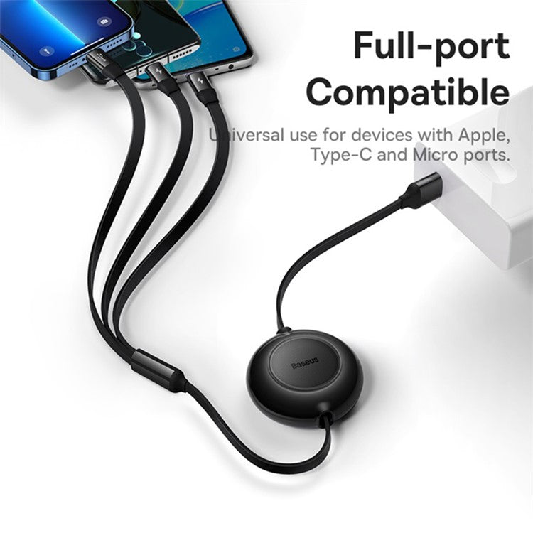 BASEUS Bright Mirror 2 Series Retractable USB to M+L+C 3.5A Fast Charging Cable, 1.1m - Black