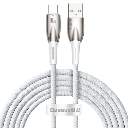 BASEUS Glimmer Series USB to Type-C Charging Cable 1m 100W Fast Charger Braided Charging Cord - White