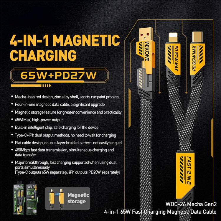 WEKOME WDC-26 4 in 1 1.2m Magnetic Charging Cable 65W Fast Phone Charger 480Mbps IP / USB / Type-C Data Cable