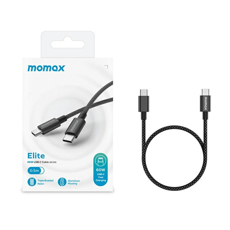 MOMAX Elite 0.5m PD 60W High Power USB C to USB C Nylon Braided Data Cable - White