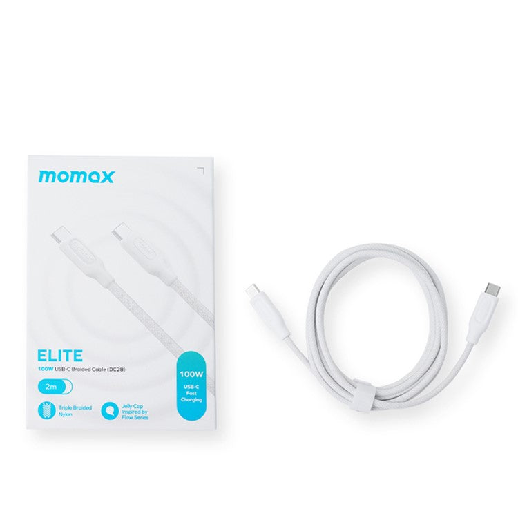 MOMAX Elite 2m Nylon Braided Charging Cable PD 100W USB C to USB C Data Cord - White