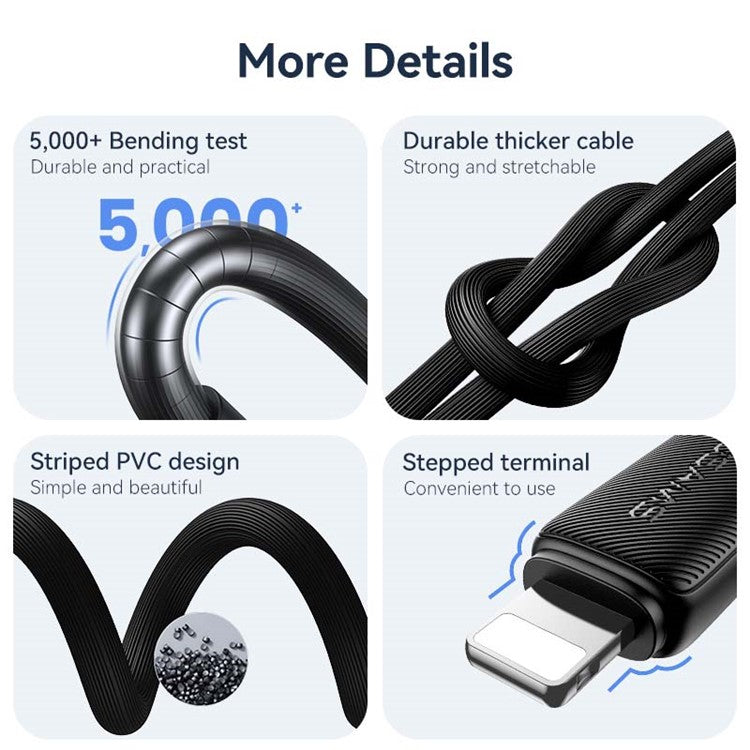 USAMS US-SJ699 3m USB to Lightning 2.4A Charging Cable Copper Core 480Mbps Data Cord - Black