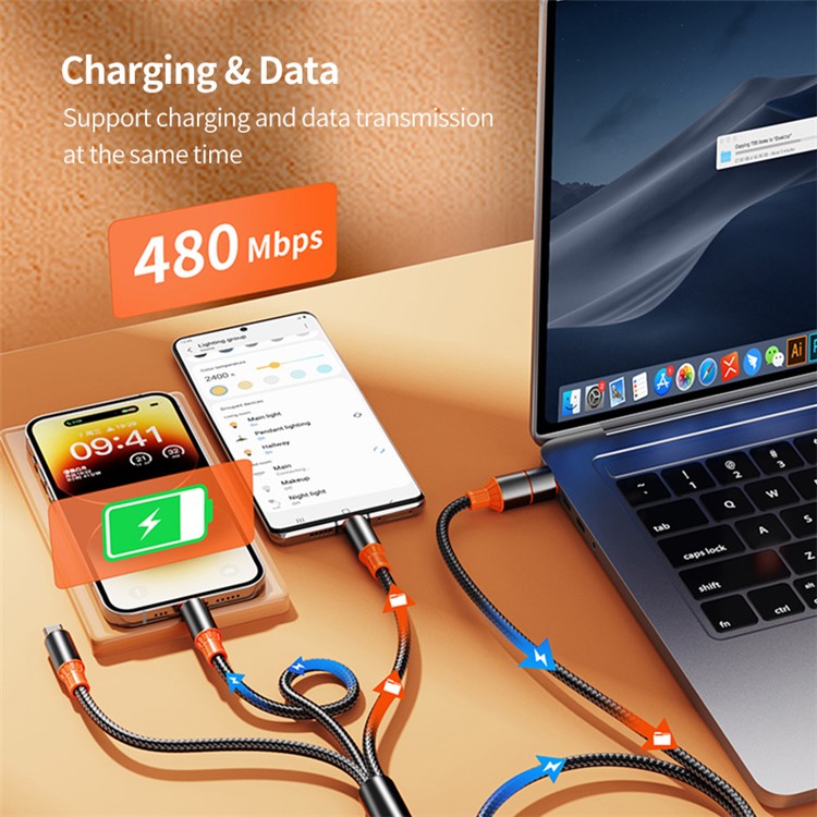ENKAY USB / Type-C to iP / Type-C / Micro USB 5A Fast Charging Cable Nylon Braided Data Cable - 1.2m
