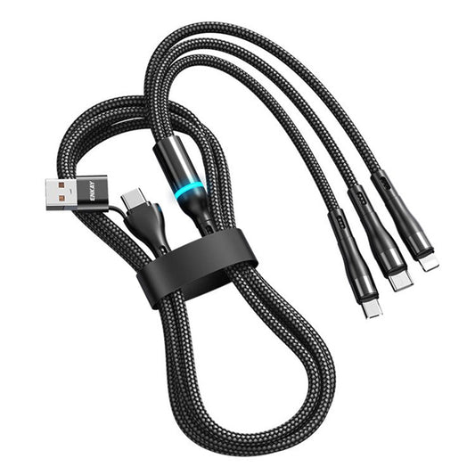 ENKAY 1.3m USB / Type-C to iP / Type-C / Micro USB 5A Fast Charge Data Cable with LED Indicator, Nylon Braided - Black