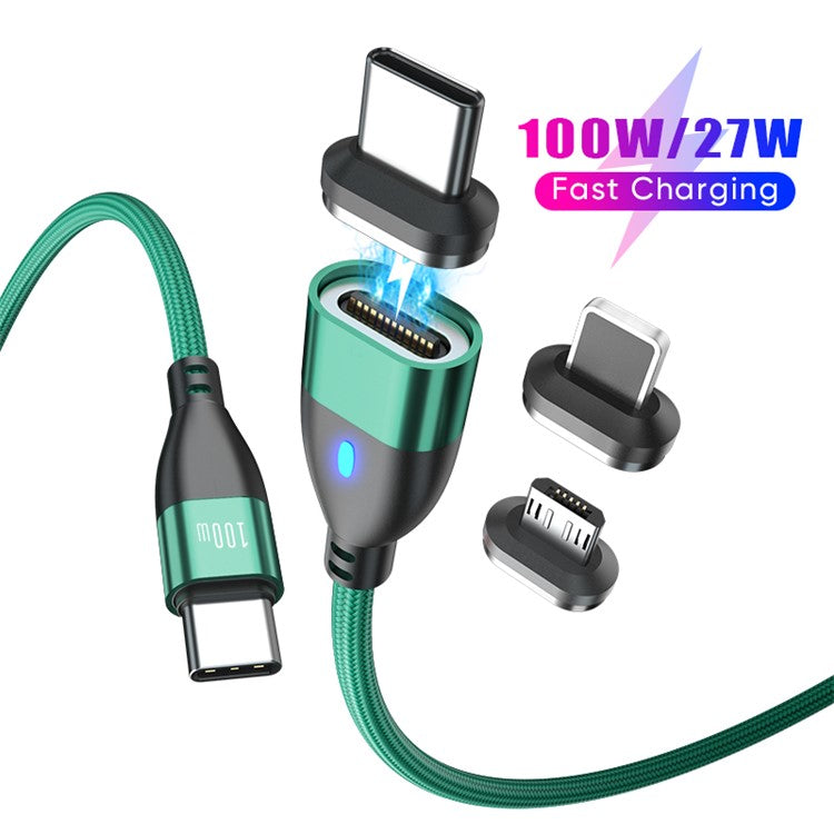 ENKAY 1m 24Pin PD 100W Type-C to iP / Type-C / Micro USB Magnetic Charging Data Cable with LED Indicator - Green