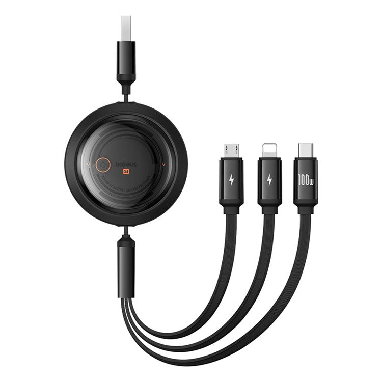 BASEUS Free2Draw Series CB000084 100W 1.1m 3-in-1 Telescopic Data Cable USB to Type-C / Micro USB / iP Fast Charge Cable - Black