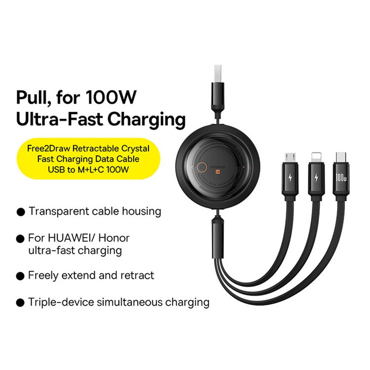 BASEUS Free2Draw Series CB000084 100W 1.1m 3-in-1 Telescopic Data Cable USB to Type-C / Micro USB / iP Fast Charge Cable - Black
