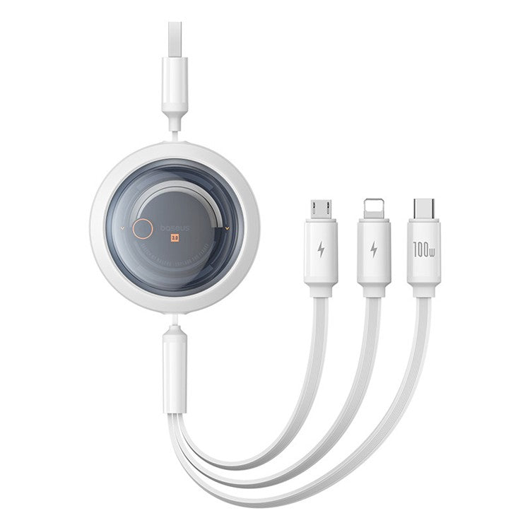 BASEUS Free2Draw Series CB000084 100W 1.1m 3-in-1 Telescopic Data Cable USB to Type-C / Micro USB / iP Fast Charge Cable - White