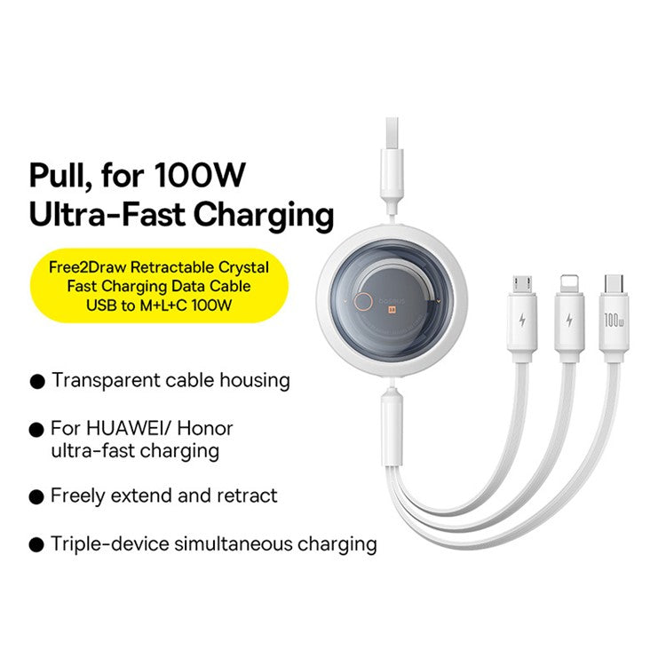 BASEUS Free2Draw Series CB000084 100W 1.1m 3-in-1 Telescopic Data Cable USB to Type-C / Micro USB / iP Fast Charge Cable - White