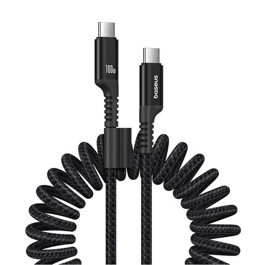 BASEUS Fish Eye Series CB000091 1m Type-C to Type-C 100W Fast Charging Cord Expandable Spring Data Cable - Black