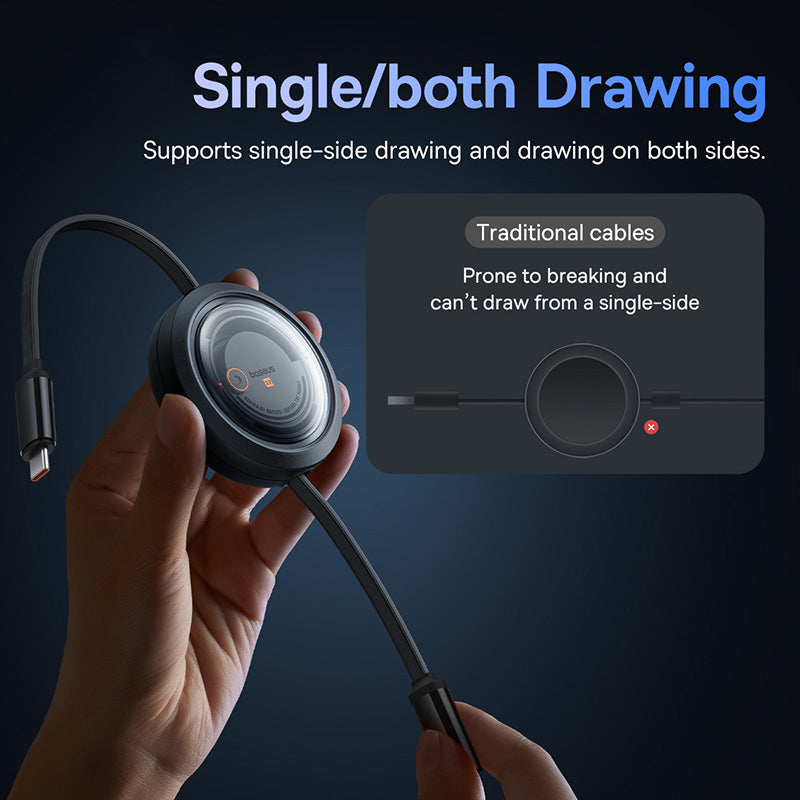 BASEUS Free2Draw Retractable Crystal Fast Charging Data Cable Type-C to Micro+iP+Type-C 100W, 1.1m - Black