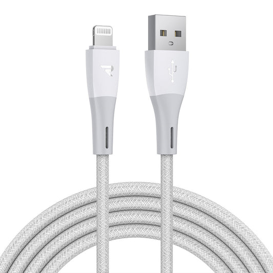 RAMPOW RAB31 MFi Certified 2m Data Cable USB 2.0 to iP Nylon Braided Charging Cable - White+Grey