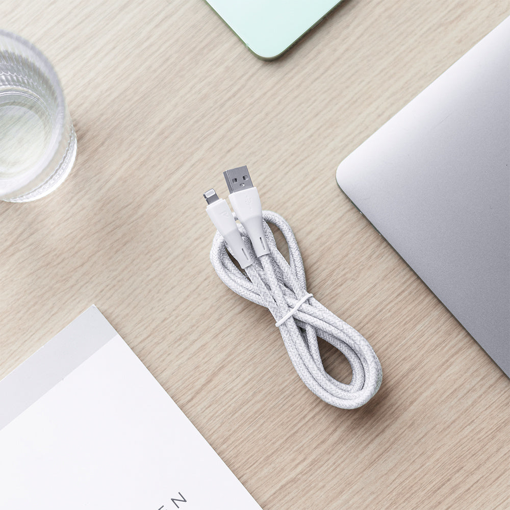 RAMPOW RAB31 MFi Certified 2m Data Cable USB 2.0 to iP Nylon Braided Charging Cable - White+Grey
