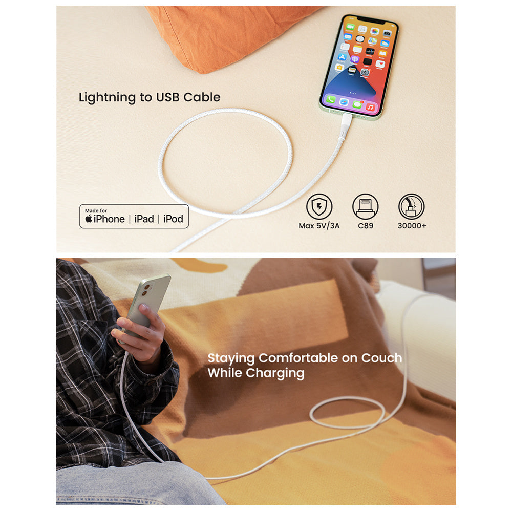RAMPOW RAB31 MFi Certified 2m Data Cable USB 2.0 to iP Nylon Braided Charging Cable - White+Grey