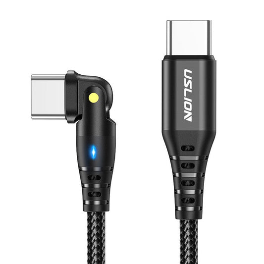 USLION US0177 2m 60W Type-C to Type-C Cable 180-Degree Rotation PD Charging Cord with LED Light - Black